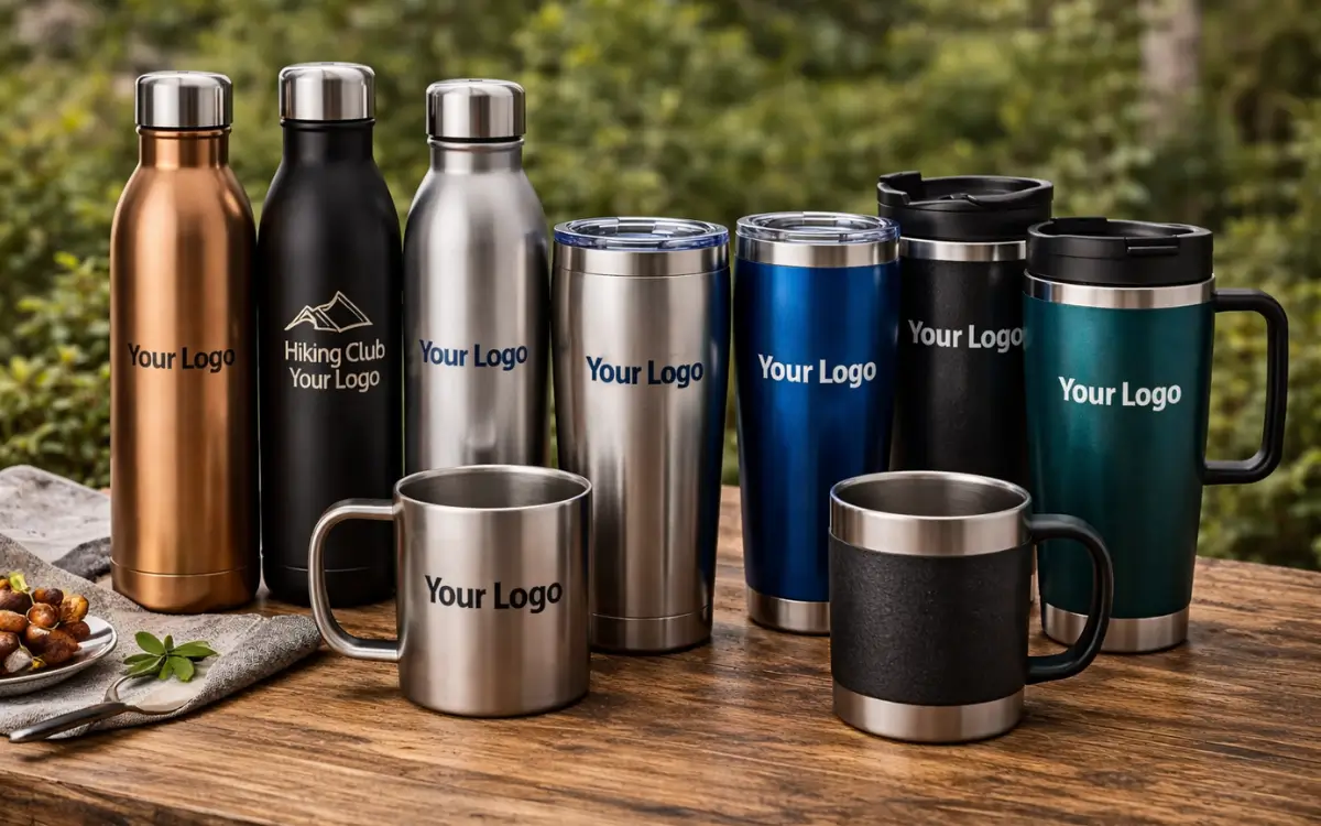 Promotional drinkware collection showcasing customizable tumblers and bottles.