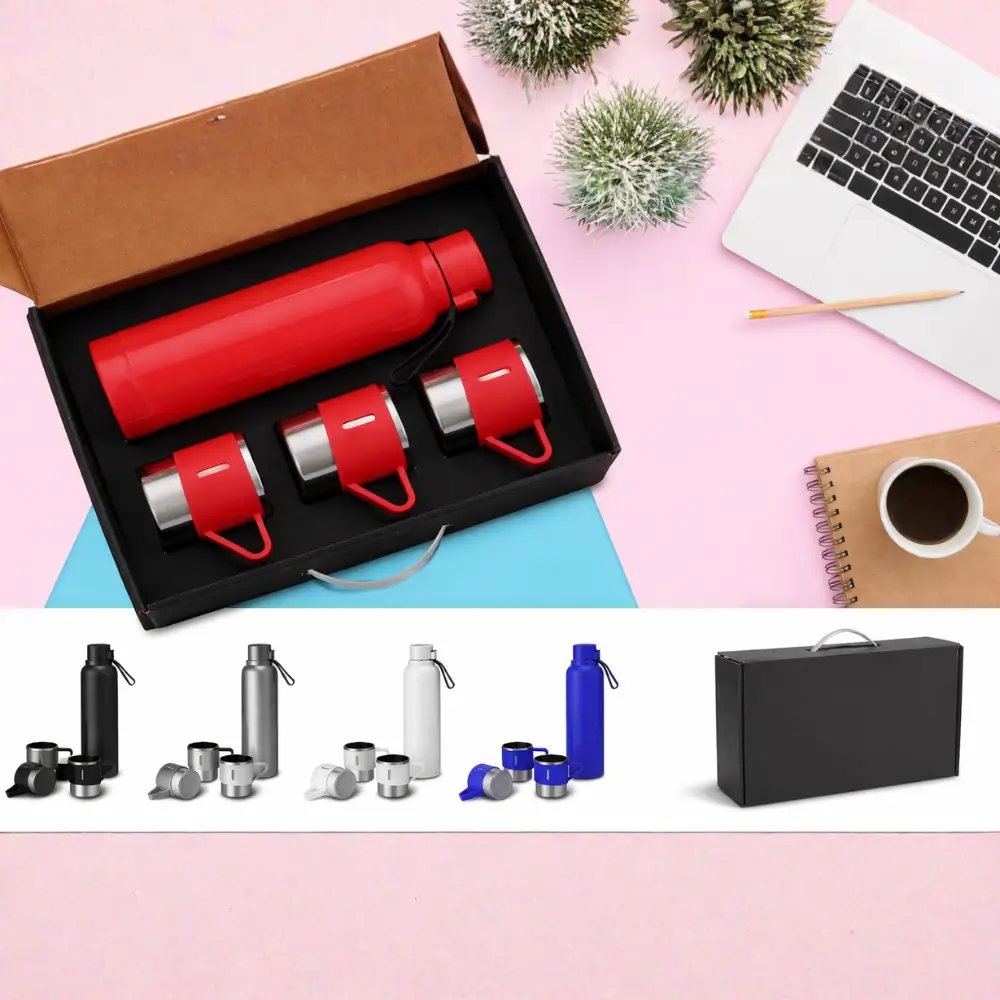 Travel-friendly red insulated water bottle and matching cup set in black foam box Travel-friendly red insulated water bottle and matching cup set in black foam box