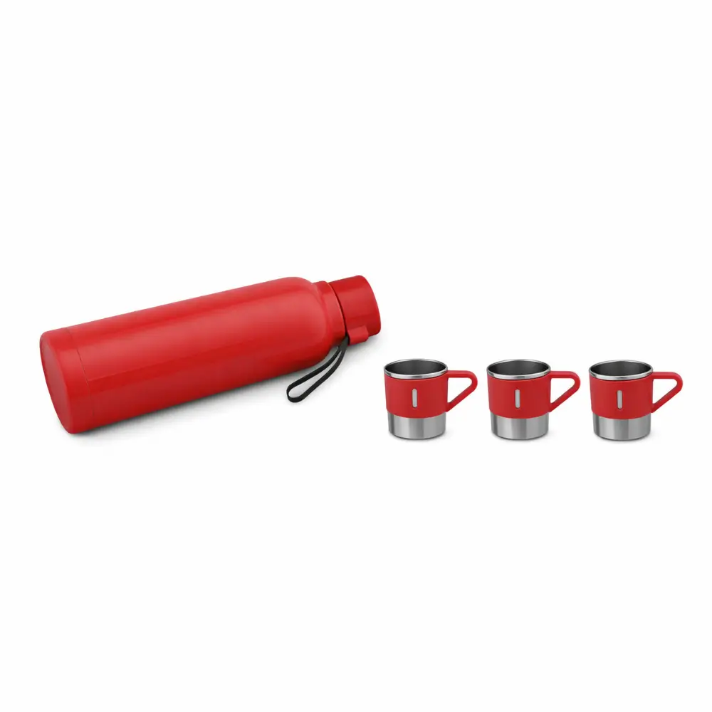 Red stainless steel insulated bottle with red mugs on a light gray background Red stainless steel insulated bottle with red mugs on a light gray background