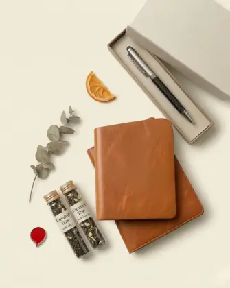 An overhead photograph of a curated wellness gift set featuring a pair of textured brown leather notebooks, a premium silver and carbon fiber pen in a gift box, a sprig of dried eucalyptus, a slice of dried orange, and two glass test tubes with loose-leaf tea labeled Curated Teas. A small red wax seal shape is placed near the tea.