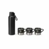 Stainless steel bottle Black insulated water bottle with three matching black cups on a white background