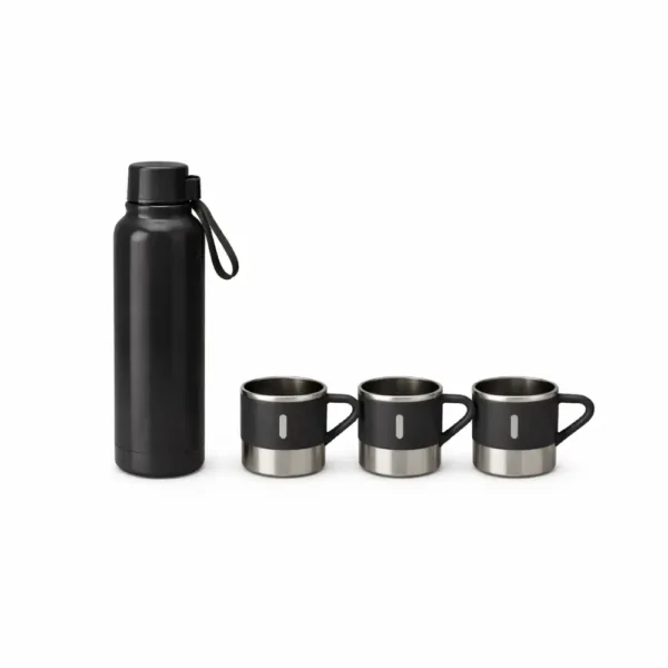 Stainless steel bottle Black insulated water bottle with three matching black cups on a white background