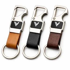 Close-up of leather keychain with metal carabiner highlighting texture and durability