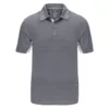 Front view of a grey Elevate polo featuring horizontal performance stripes and white contrast side panels on a clean white background.