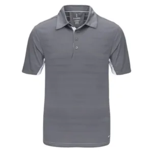 Front view of a grey Elevate polo featuring horizontal performance stripes and white contrast side panels on a clean white background.