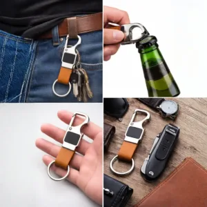Leather keychain with metal carabiner clipped to belt loop with keys attached