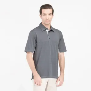 Male model wearing the Elevate polo in grey, demonstrating the athletic fit and comfortable rib-knit collar.