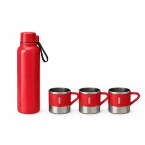 Red insulated water bottle with three matching red cups in a gift box