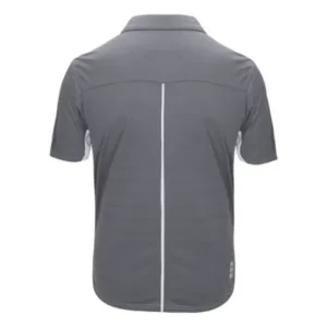Side profile of the Elevate polo showcasing the breathable moisture-wicking fabric and ergonomic sleeve construction.