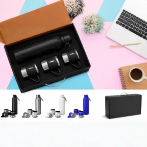 Travel-friendly black Stainless steel bottle with black mugs in a row