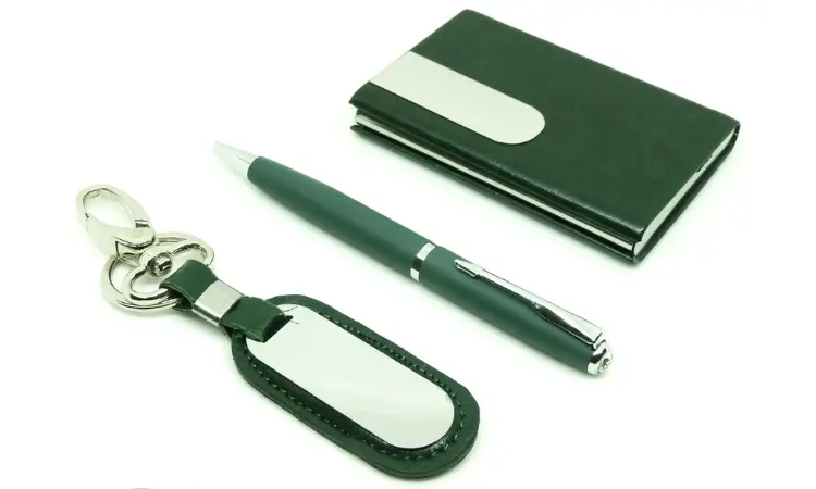 corporate gift pens with recycled notebook and sustainability icons