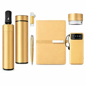 Personalized corporate gift collection displaying coordinated items with elegant design