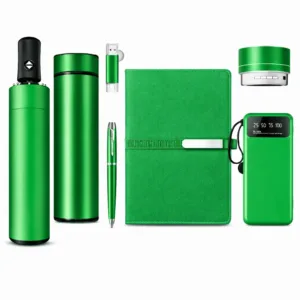 Corporate gift set in coordinated color showing thermos, notebook, pen, USB drive, and power bank