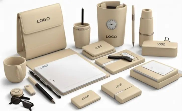About us - A professional collection of corporate stationery and desk accessories arranged on a clean, white surface. The items, which include a large portfolio folder, a mug, pens, a clock-embedded pencil holder, and various small cases, are all rendered in a uniform, soft pale yellow (#FAE685) leather-like material. Most items feature a minimalist dark gray "LOGO" placeholder. The scene is brightly lit from the top left, casting soft, natural shadows to the right of each object, giving the arrangement a realistic, high-end feel.