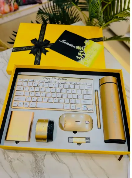 About us - Branded Office Stationery Set A professional collection of desk accessories and stationery items, including a large portfolio, a coffee mug, pens, and storage cases. All items are finished in a solid royal blue material with a minimalist white "LOGO" placeholder on each. The collection is arranged neatly on a white surface with clean, studio lighting.