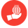 A small, circular icon with a bright red background. In the center, there is a white graphic silhouette of a hand holding a stylized globe or segmented spherical object.