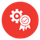 Quality/Process Icon: A small, circular red icon containing a white graphic of a gear overlapping a ribbon seal with a checkmark.