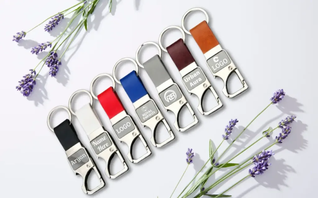 Branded keychains on a wooden surface promoting brand recall