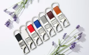 Branded keychains on a wooden surface promoting brand recall