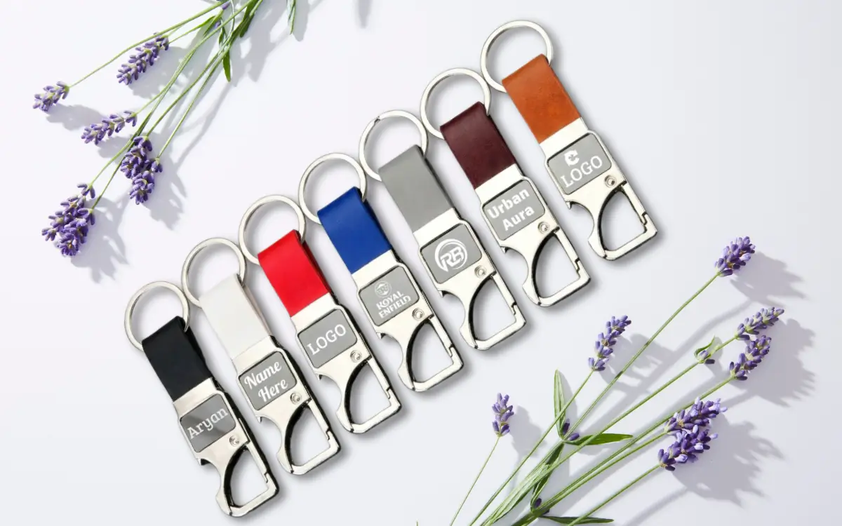 Branded keychains on a wooden surface promoting brand recall