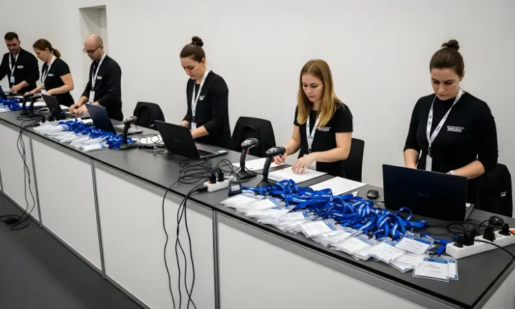 Custom lanyard with bold colors and company logo, rolled out to show full design