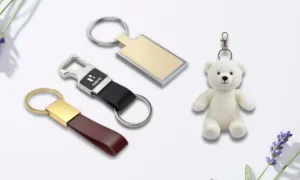 Event attendees receiving branded keychains at a conference