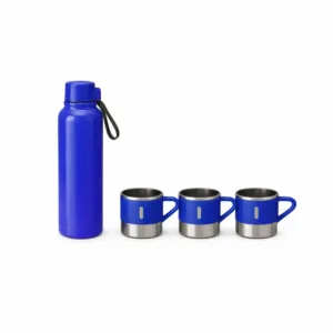 Blue insulated Portable beverage set with three matching Blue cups in a gift box