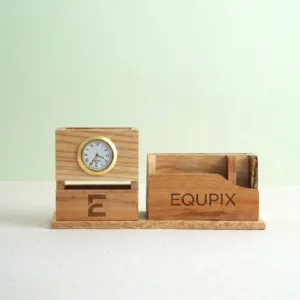 Eco-friendly wooden desk organizer with clock and pen compartments, ideal for home and corporate desks.