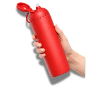 ArtGrip Suction Bottle Hand holding a red water bottle with the lid open, showing the drinking spout.
