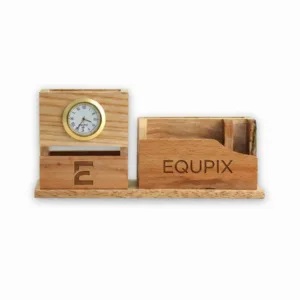 Handcrafted wooden desk organizer with clock and pen holder for home office or study desk.