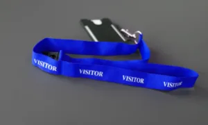 ID badge lanyard with a swivel hook and breakaway clasp, displayed on a mannequin