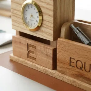 Minimalist wooden desk organizer with built-in clock and pen holder, keeps desk tidy and organized.