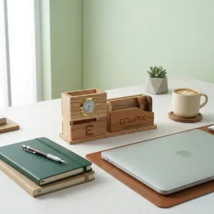 Multi-compartment wooden desk organizer with quartz clock and pen holder, perfect for office workspace.