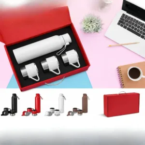 Travel-friendly White insulated Office water bottle and matching cup set in White foam box