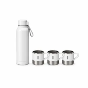 White insulated Office water bottle set with three matching White cups in a gift box
